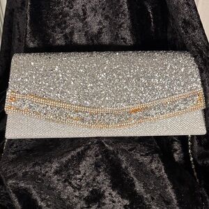 Silver Crystal Evening Clutch with Gold Accents